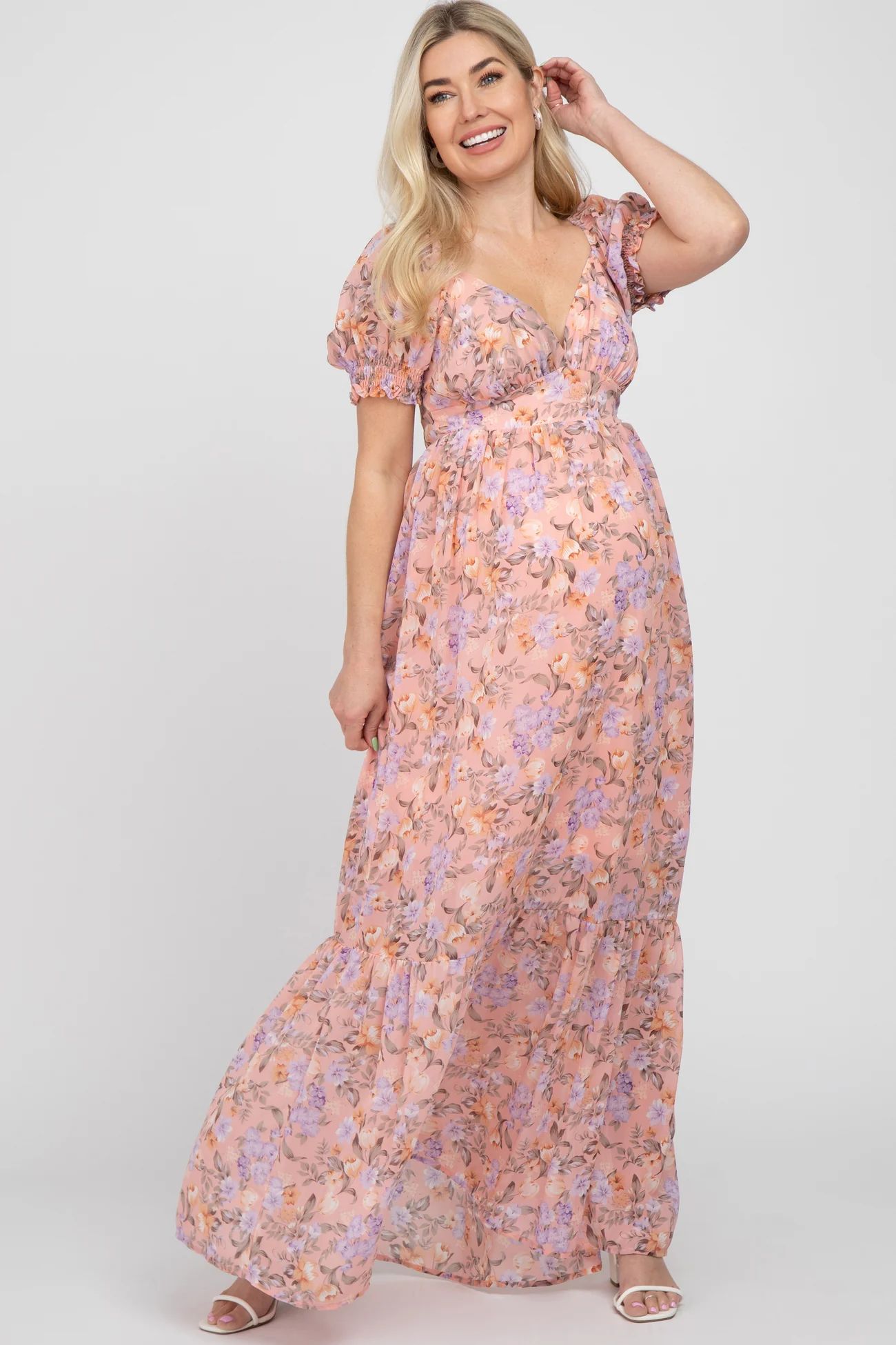 Pink Floral Sweetheart Neck Puff Sleeve Maternity Maxi Dress | PinkBlush Maternity