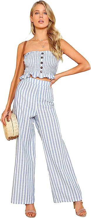 Floerns Women's Summer 2 Piece Outfits Sleeveless Tube Crop Cami Top and Pants Sets Blue White S | Amazon (US)