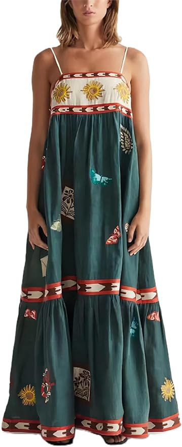 Juakoso Women Boho Graphic Maxi Dress Spaghetti Strap Square Neck Long Flowy Dress Summer Graffit... | Amazon (US)