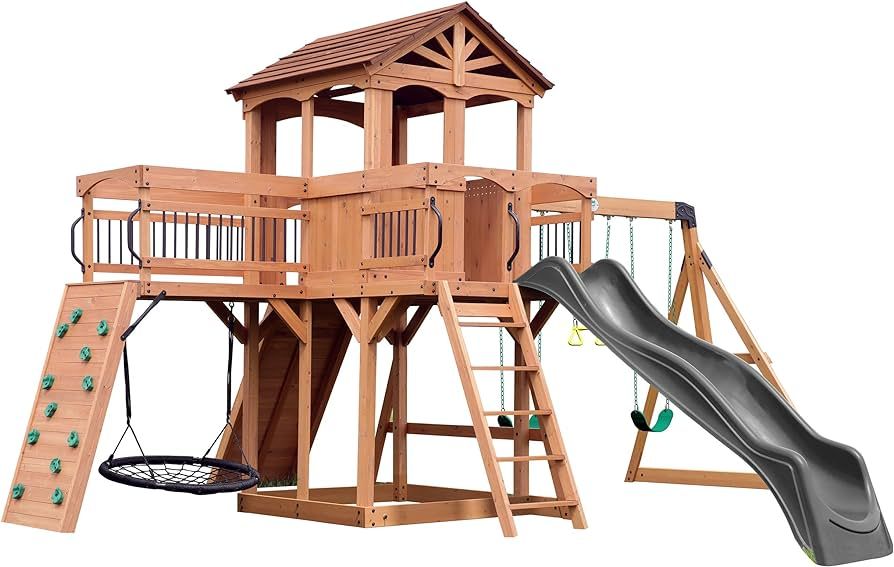 Backyard Discovery Sterling Point All Cedar Wooden Swing Set, Raised Clubhouse, Grey Wave Slide, ... | Amazon (US)
