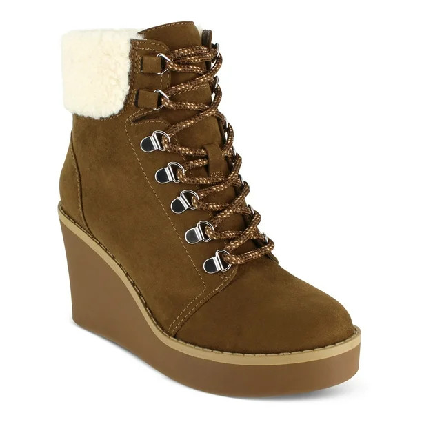 ESPRIT Womens Brown 1" Platform Traction Sole Fur Trim Cushioned Roxy Round Toe Wedge Lace-Up Boo... | Walmart (US)