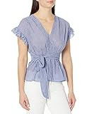 Max Studio Women's Gingham Ruffle Sleeve Waist Tie Blouse, Blue/White, Extra Small | Amazon (US)