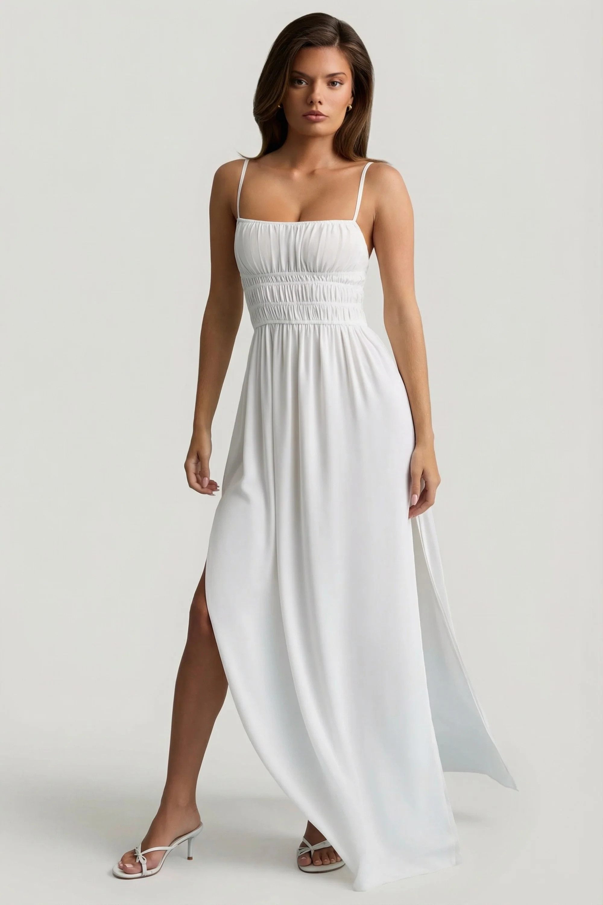 Olyssia Shirred Camisole Maxi Dress in White | Oh Polly | Oh Polly