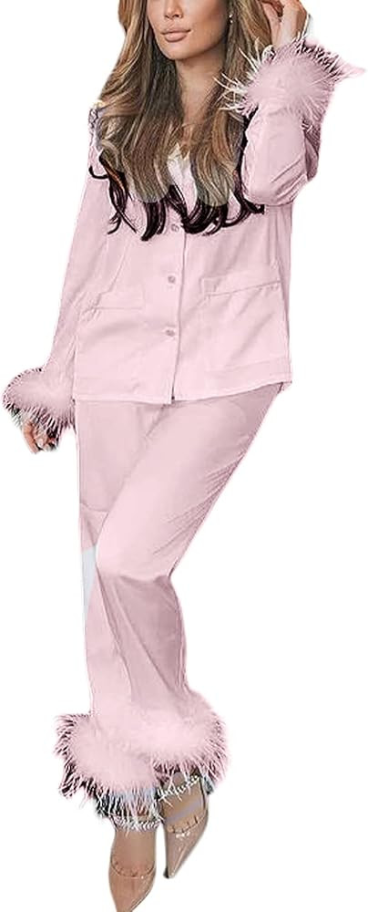 Women Satin Feather Sleeve Pajamas Set Button Down Long Sleeve Sleepwear Silk Shorts 2Pcs Nightwe... | Amazon (US)