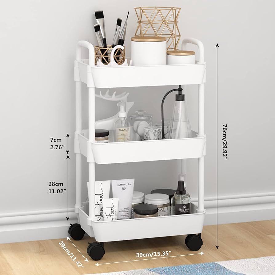 Sywhitta 3-Tier Plastic Rolling Utility Cart with Handle, Multi-Functional Storage Trolley for Offic | Amazon (US)