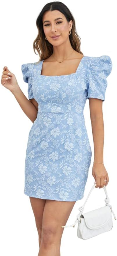 SOLY HUX Women's Floral Square Neck Puff Short Sleeve Mini Dress High Waist Summer Boho Short Dre... | Amazon (US)