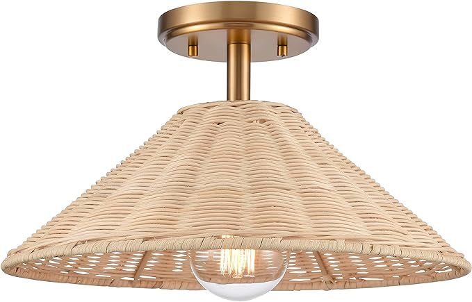 Elk Home EC89754/1 Rydell 14'' Wide 1-Light Semi Flush Mount with Brushed Gold and Rattan | Amazon (US)