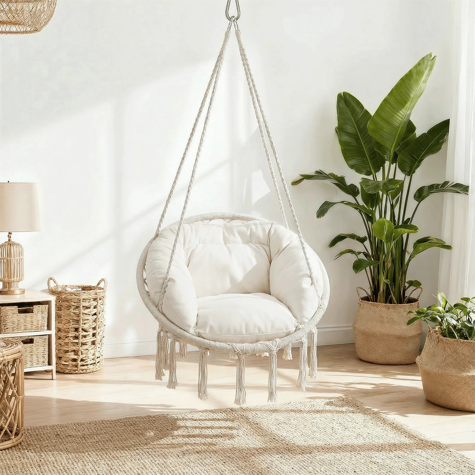 Dakota Fields Ladouceur Hammock Chair with Macrame and Cushion Hanging Cotton Rope Swing for Indo... | Wayfair North America