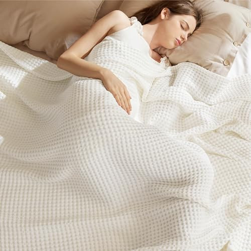 Bedsure 100% Cotton King Size Blanket for Spring Summer, Ultra Soft Waffle Weave King Blanket for Bed, Thin Lightweight Breathable Bedding Gifts for Women, Men, Teens, Ivory, 108" x 90" | Amazon (US)