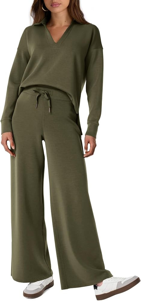 Glamaker Women's 2 Piece Sets Outfits Casual Long Sleeve Sweatsuits Polo Top and Wide Leg Pants M... | Amazon (US)