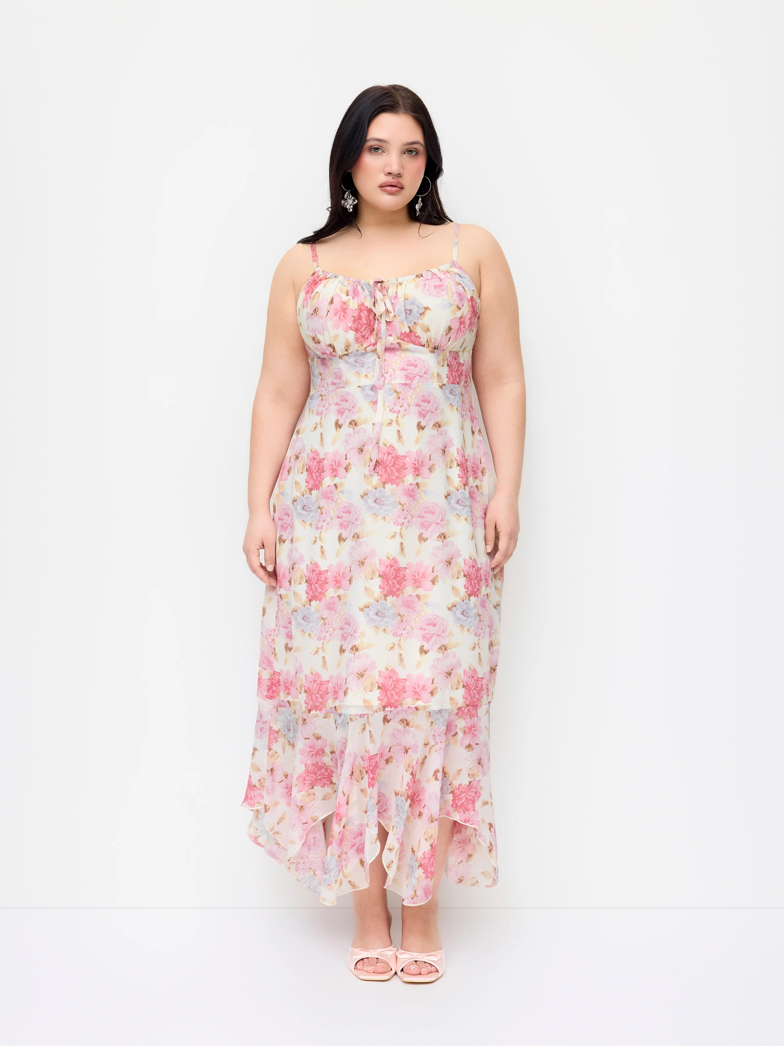 Woven Floral Knotted Ruffle Maxi Mermaid Dress Curve & Plus For Date | Cider