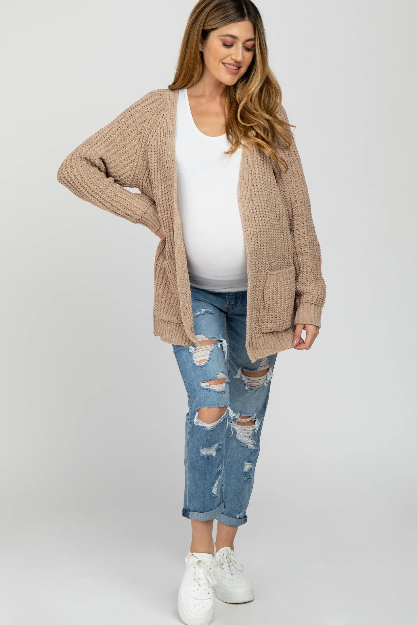 Taupe Ribbed Cable Knit Maternity Cardigan | PinkBlush Maternity