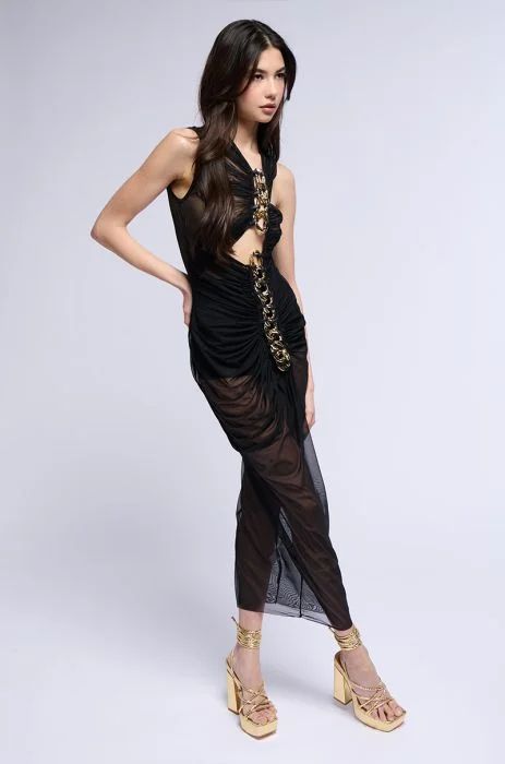 CANNES RUCHED MESH MAXI DRESS IN BLACK | AKIRA