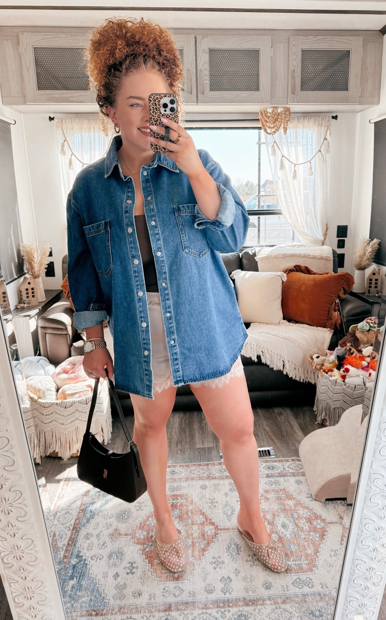 Loving this mix of comfy and polished 🤍 Oversized denim + lace shorts + mules with a little sparkle = instant spring outfit win🙌🏻 spring outfit | casual chic outfit | amazon fashion | amazon outfit | oversized denim shirt | denim button down outfit | brown tank outfit | basic tank outfit | beige lace shorts | lace shorts outfit | neutral outfit | mules with rhinestones | statement shoes outfit | small brown suede purse | amazon purse | weekend outfit | running errands outfit | everyday outfit | effortless style | comfy chic | mom outfit | travel outfit | neutral tones outfit | polished casual outfit | capsule wardrobe outfit | easy outfit idea | affordable fashion | amazon finds

#LTKdayinmylife #LTKootd #LTKMidsize