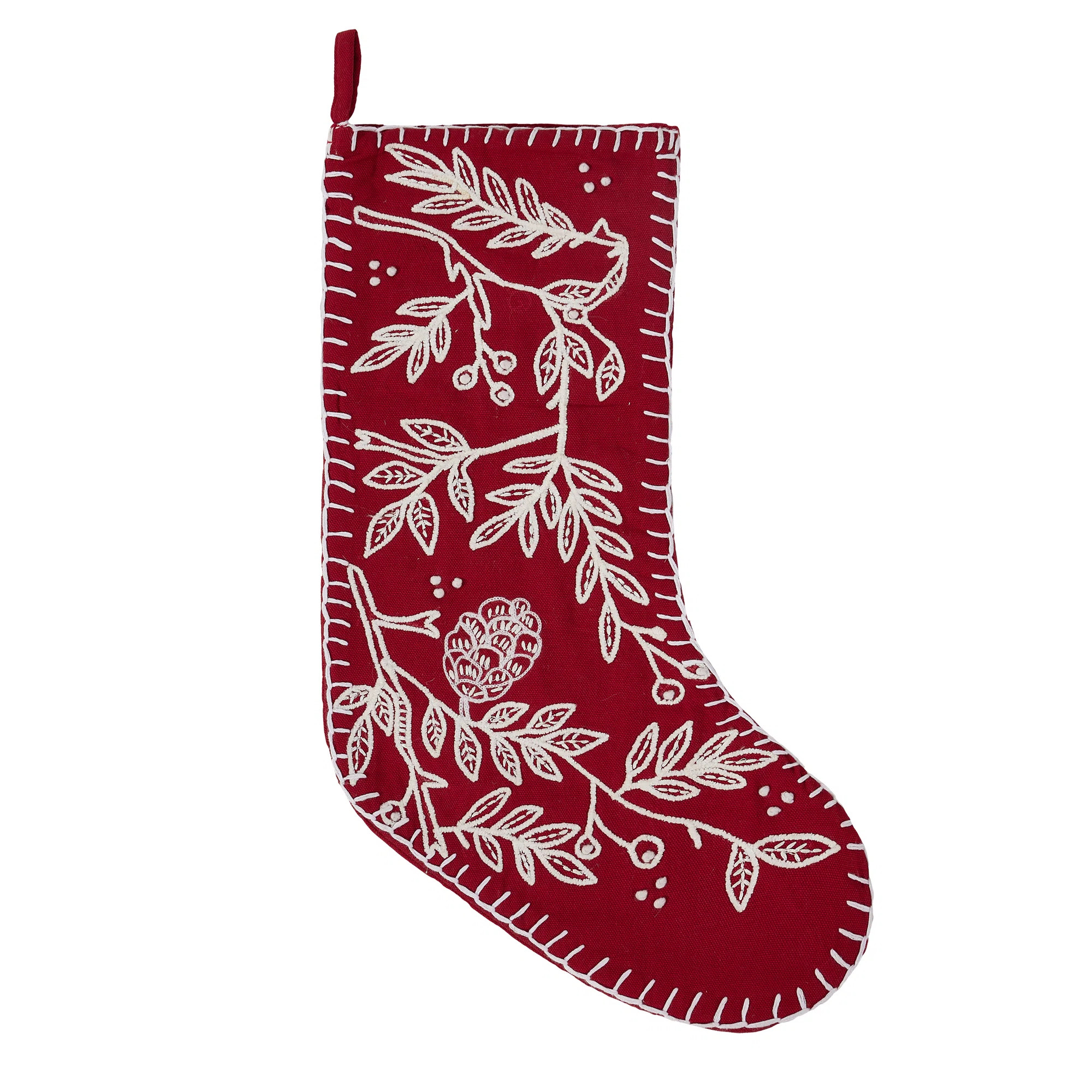 Red Folk Branch Embroidered Holiday Stocking | Birch Lane