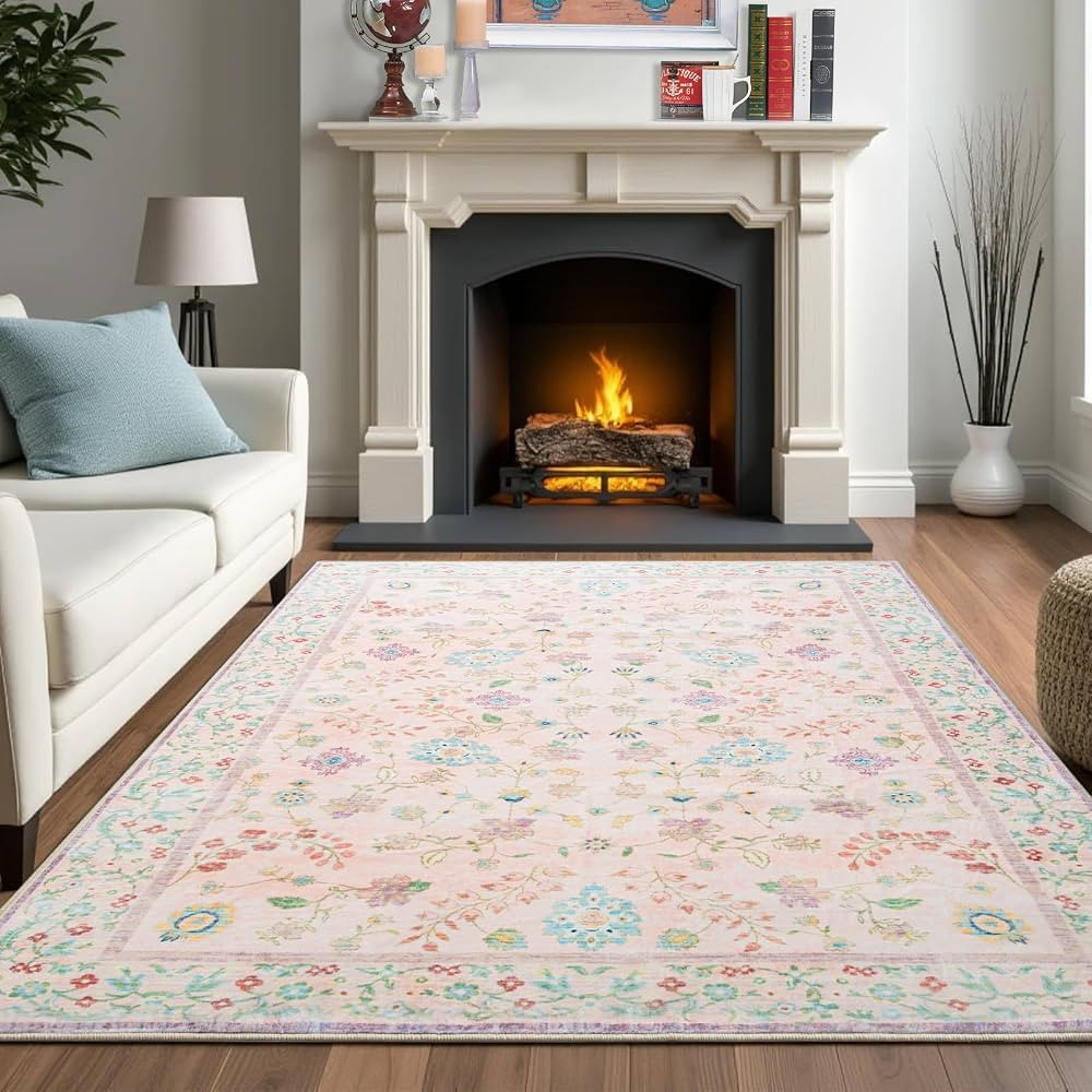 Area Rug for Living Room, 8x10 Machine Washable Non Slip Large Faux Wool Throw Rug, Low Pile & No... | Amazon (US)