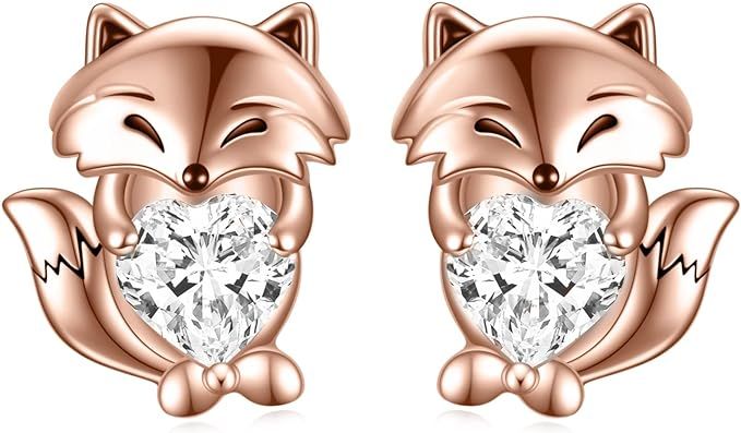 WTENIY Fox Earrings for Girls Sterling Silver Fox Hold CZ Heart Stud Earring Jewelry Gifts for Wo... | Amazon (US)