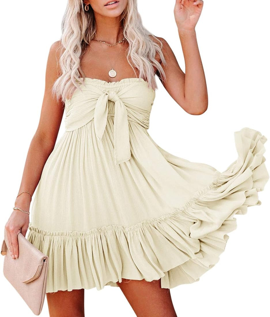 R.Vivimos Women's Summer Cotton Boho Beach Sleeveless Tie Front Mini Dress Tube Top Dress | Amazon (US)