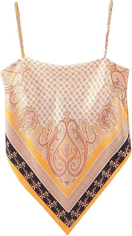 Arjungo Women's Paisley Print Tie Back French Knot Hanky Hem Spaghetti Straps Handkerchief Cami B... | Amazon (US)