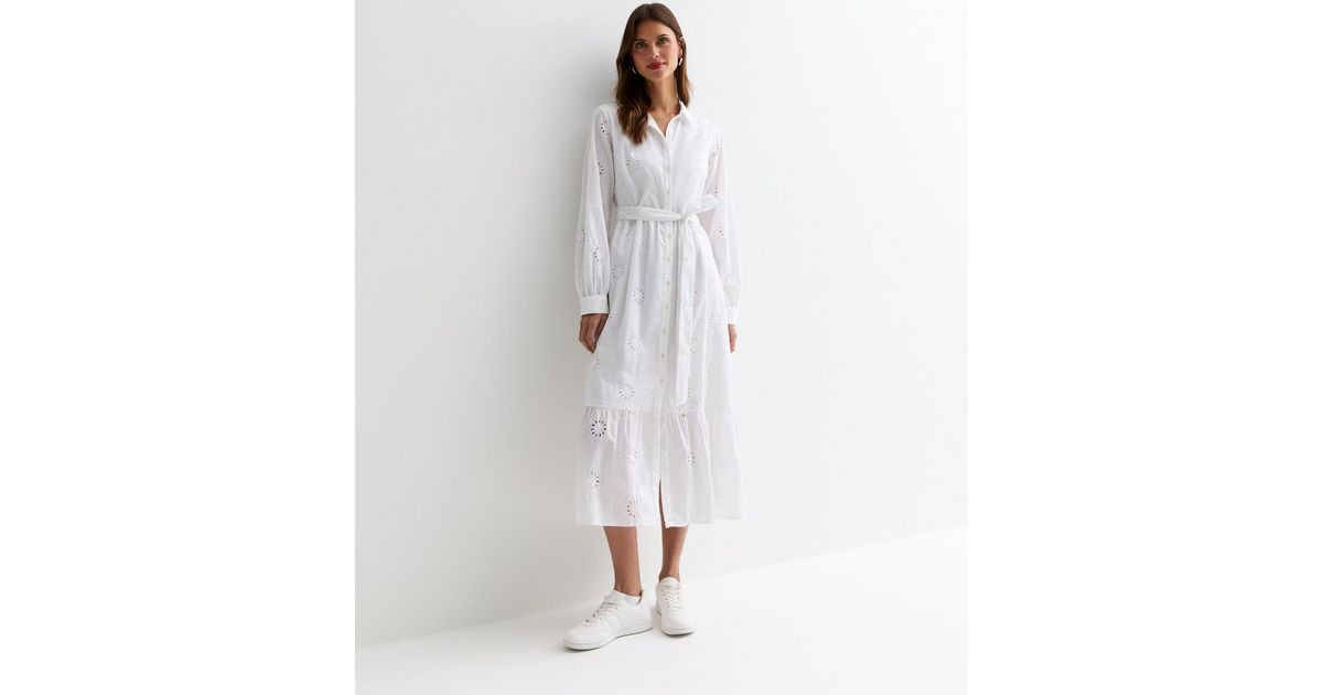 White Cotton Flower Broderie Belted Midi Shirt Dress | New Look | New Look (UK)