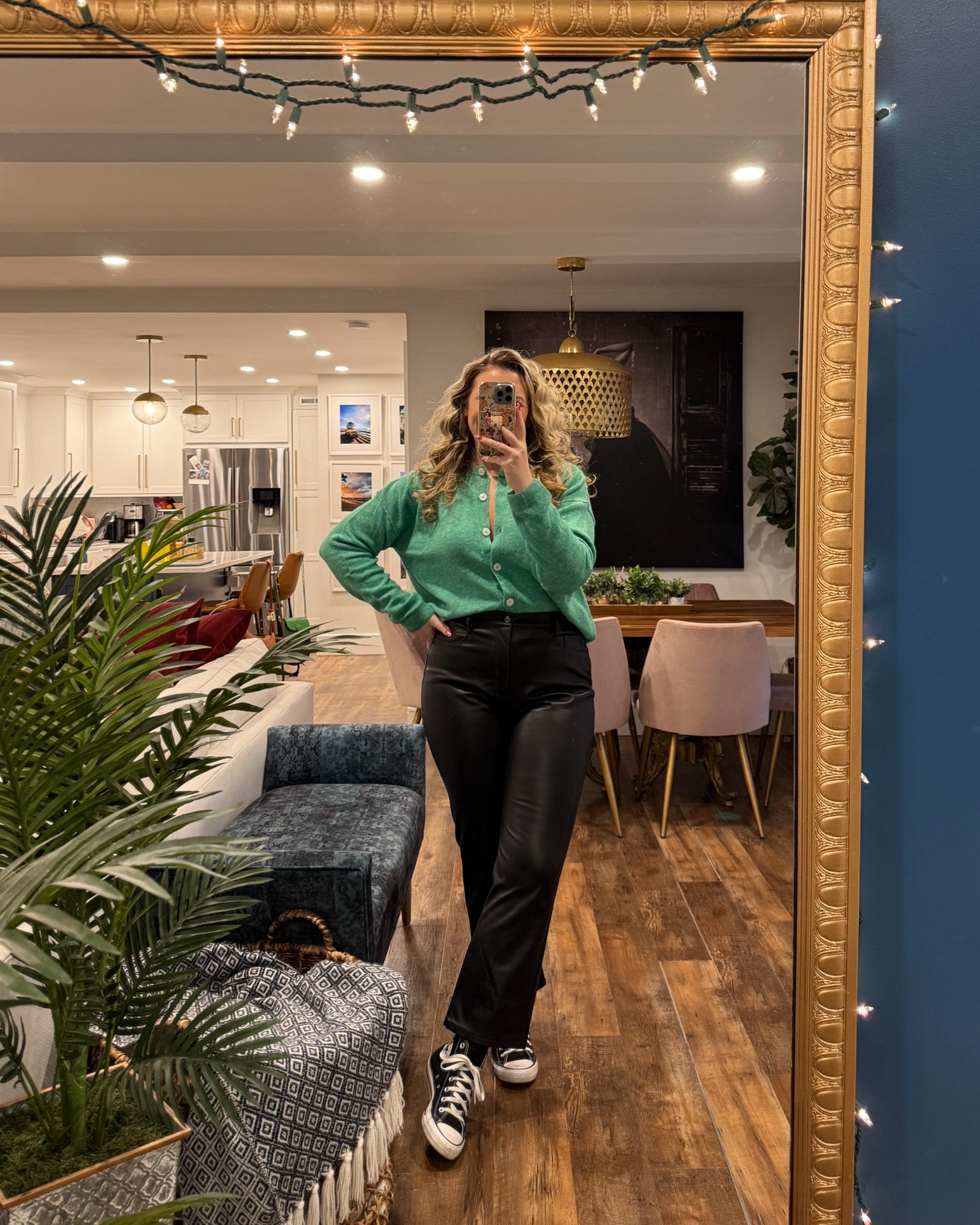 I forgot how much I love these Loft faux leather pants! Wearing a size 29, they run slightly big! So comfortable and stretchy. Green cardigan from Anthropologie in a large. Holiday outfits 

#LTKSeasonal #LTKHoliday #LTKMidsize