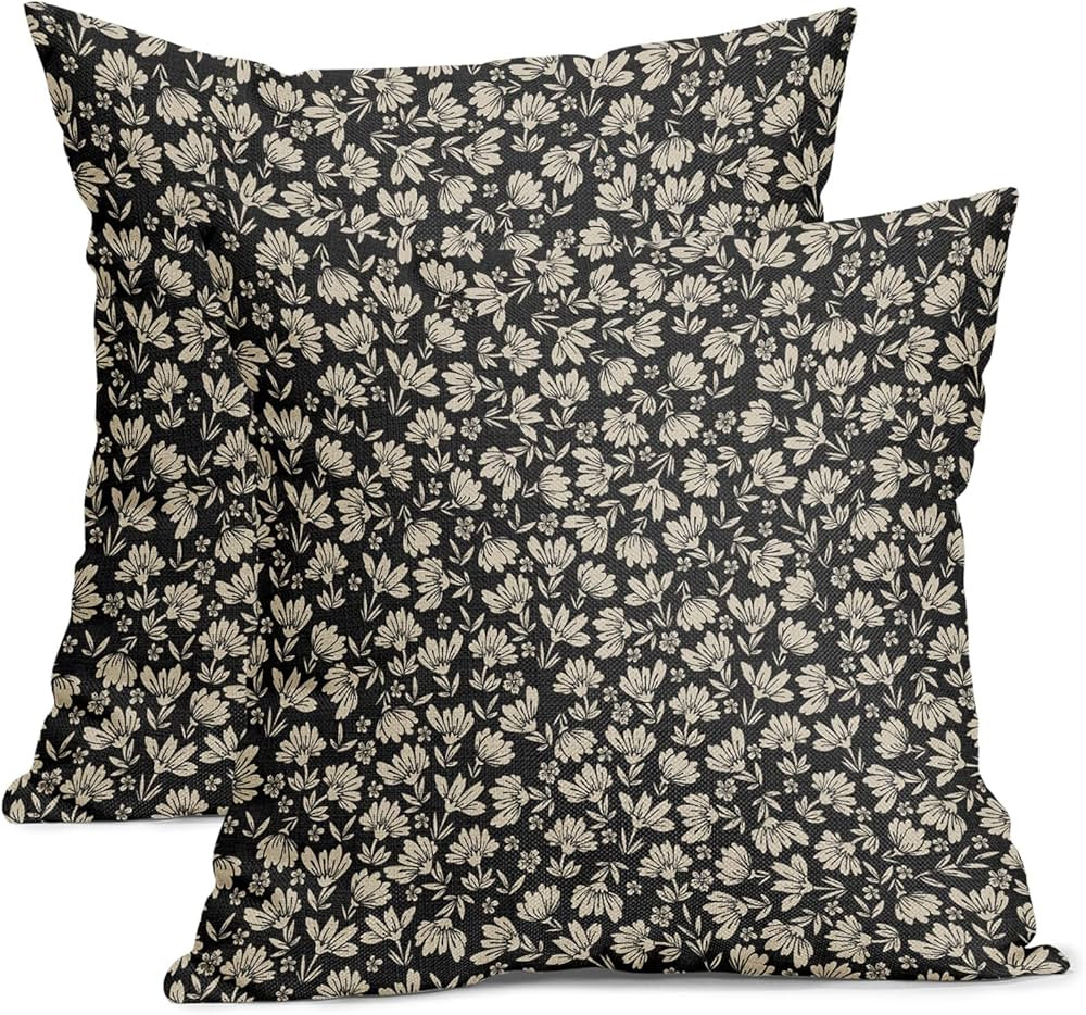 Black Brown Daisy Floral Block Print Pillow Covers 20X20 Inch Vintage Flowers Decorative Square P... | Amazon (US)