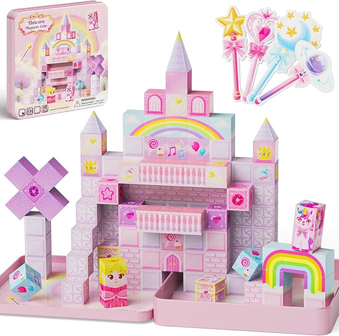 Unicorn Magnetic Cubes Blocks for Girls:355g Tin with Castle Cones & 4 Magic Wands, Multiplayer, ... | Amazon (US)