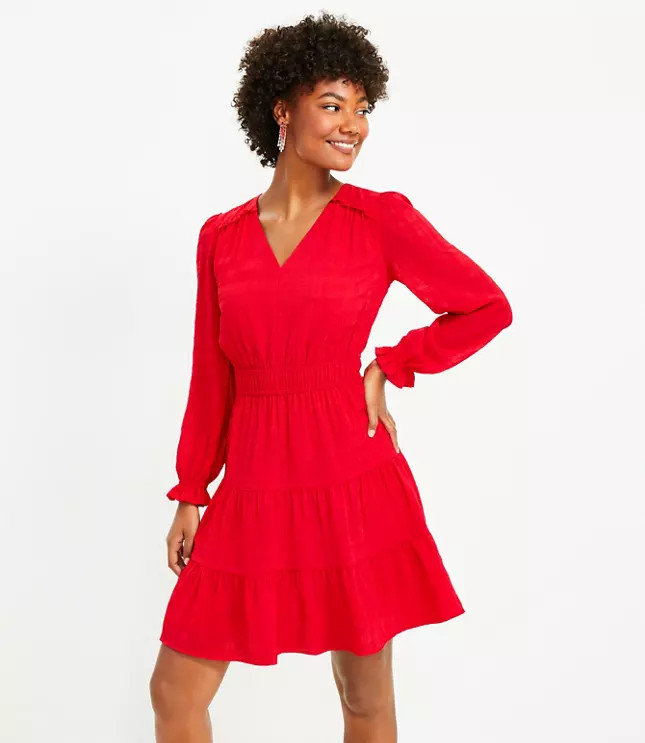 Textured Plaid Tiered V-Neck Dress | LOFT