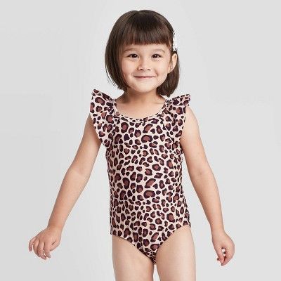Toddler Girls' Leopard Print Flutter Sleeve One Piece Swimsuit - Cat & Jack™ Brown | Target