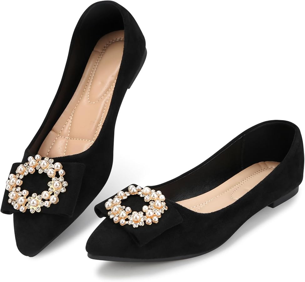 KUNWFNIX Women's Ballet Flats with Pearl Clip - Faux Suede Pointed Toe Slip On, Soft Comfortable ... | Amazon (US)