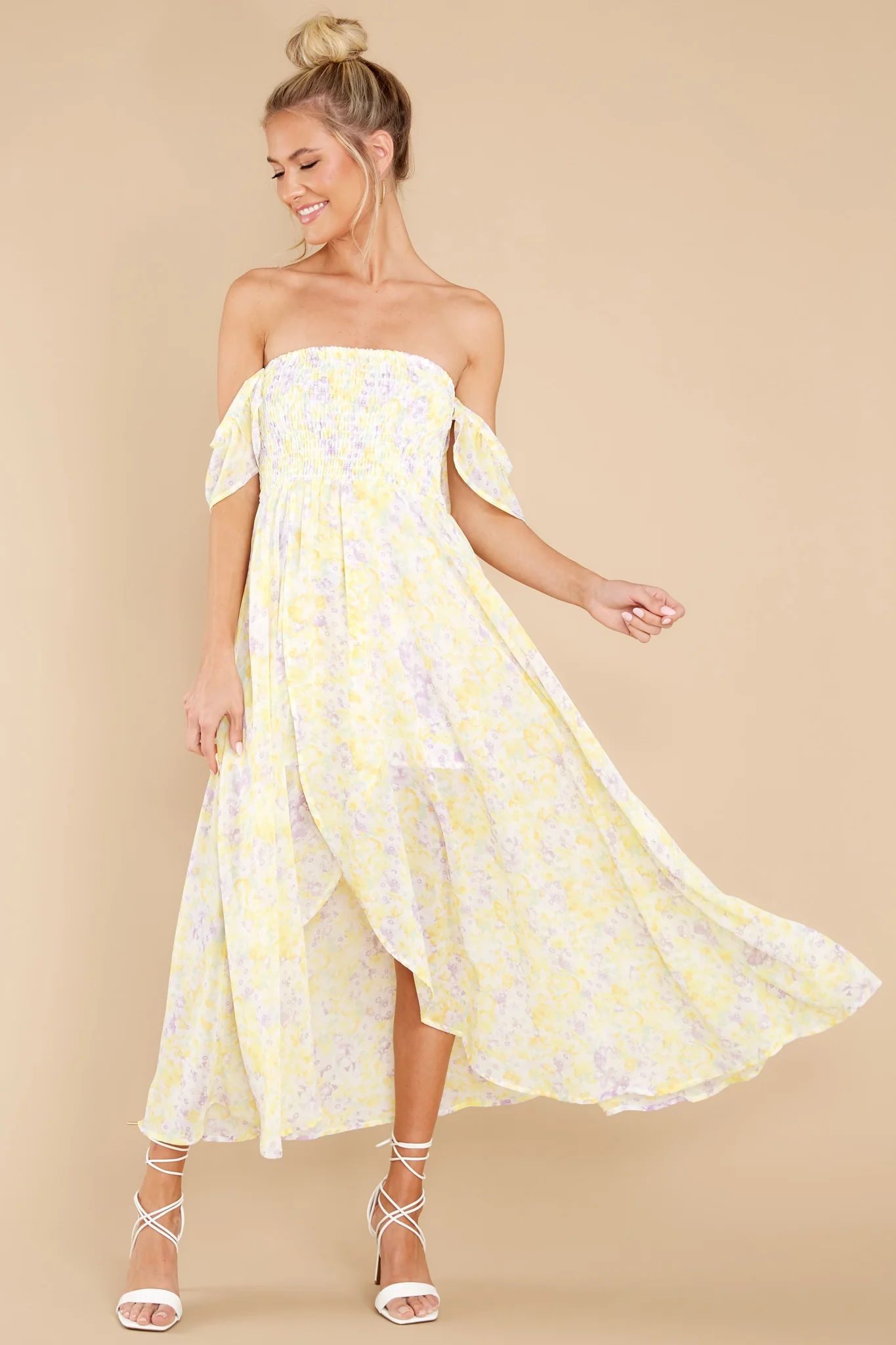 Pretty As A Picture Pastel Yellow Floral Print Midi Dress | Red Dress 