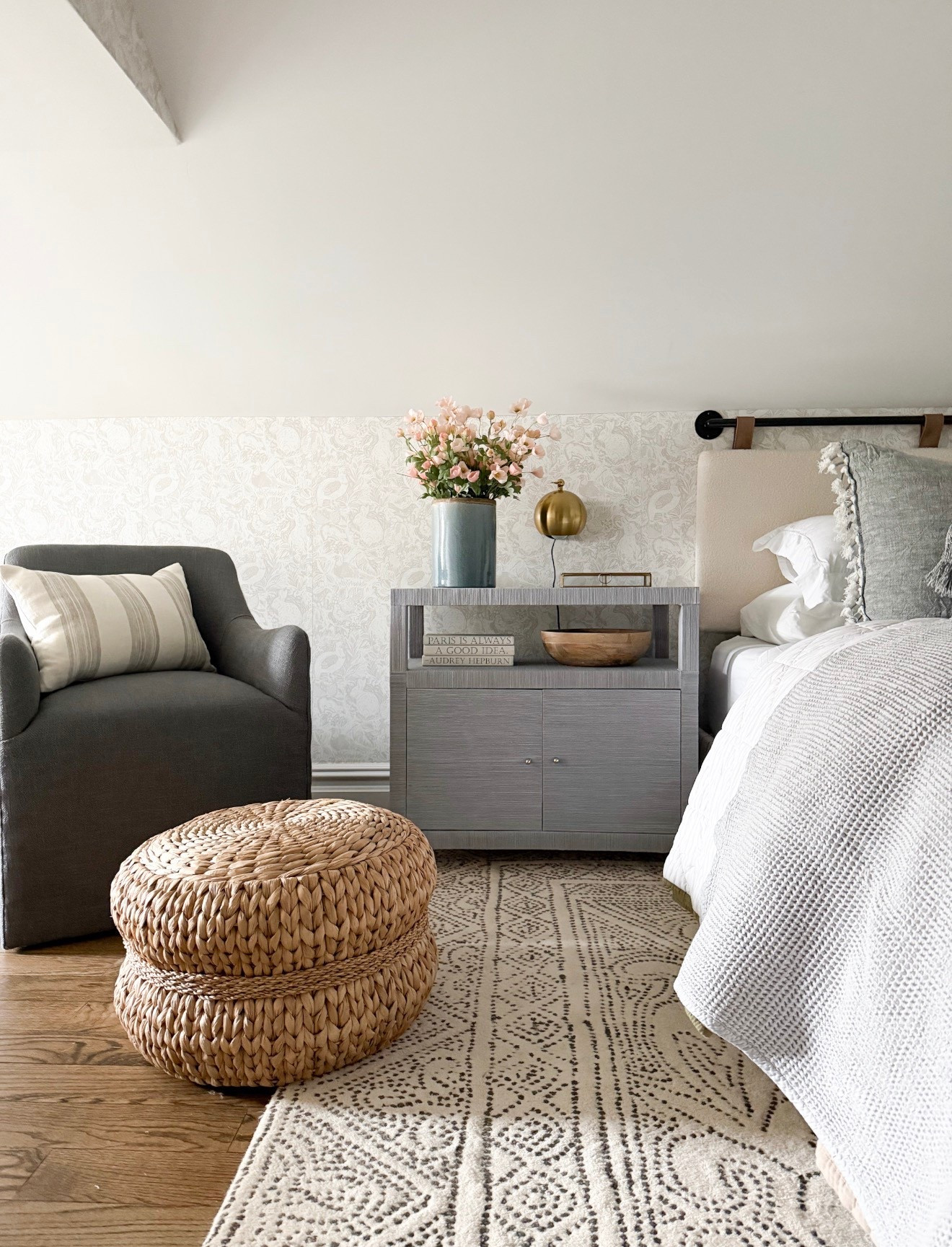 A fresh set of sheets and a few new accessories can go a long way… P.S. this headboard is actually separate from the bed frame and mounts to the wall (a standard headboard height doesn’t work in this space due to the sloped ceiling!) Sometimes you have to get creative 😏

Bedroom design, bedroom decor, spring home, Serena & Lily rug, upholstered bed, grasscloth table, storage ottoman 

#LTKSaleAlert #LTKSeasonal #LTKHome