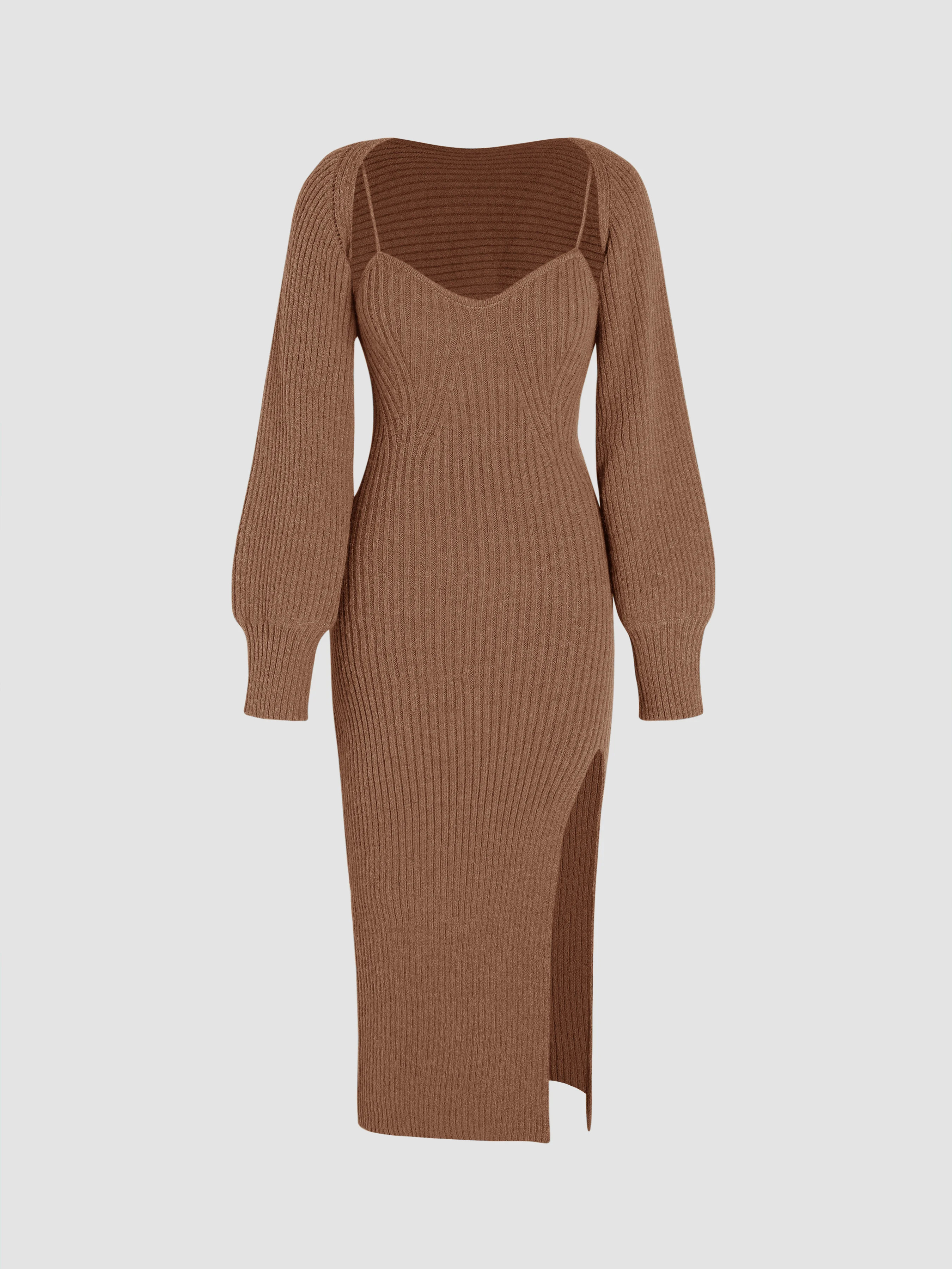 Knit Solid Cami Split Midi Dress & Shrug | Cider