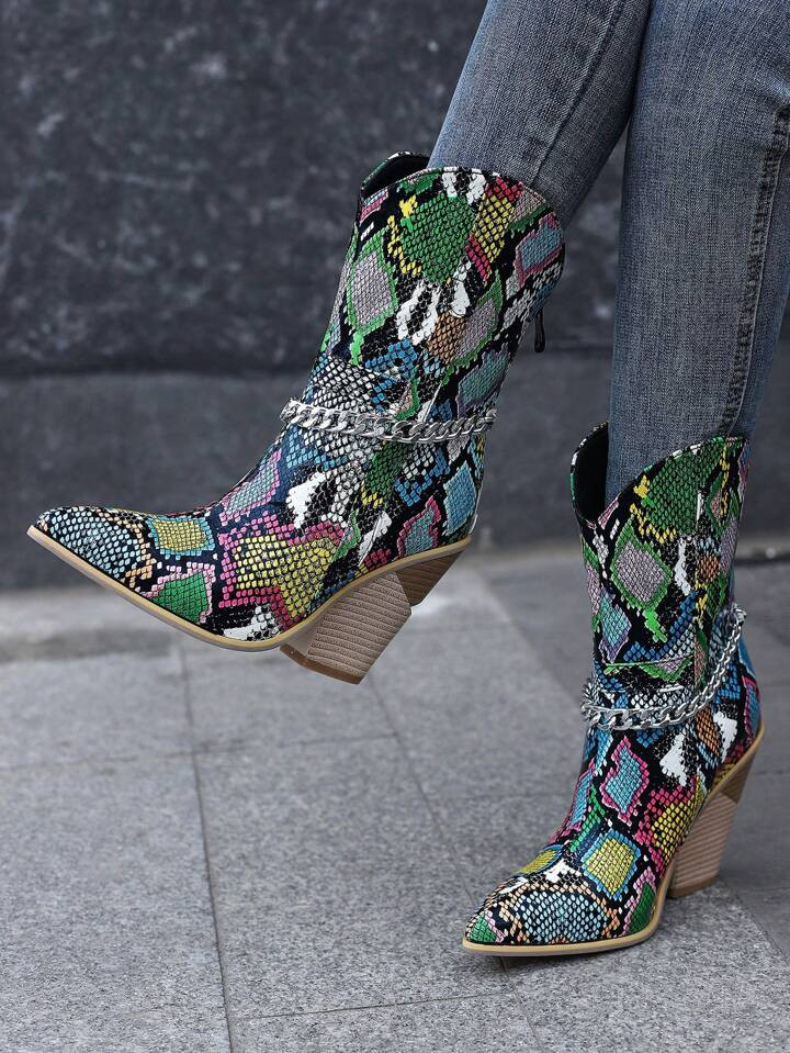 European Style Colorful Snake Pattern Western Boots With Imitation Wood Heels, Chain Decor For Wo... | SHEIN