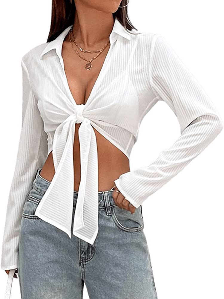 Verdusa Women's Tie Front Deep V Neck Long Sleeve Crop Blouse Shirt Top | Amazon (US)