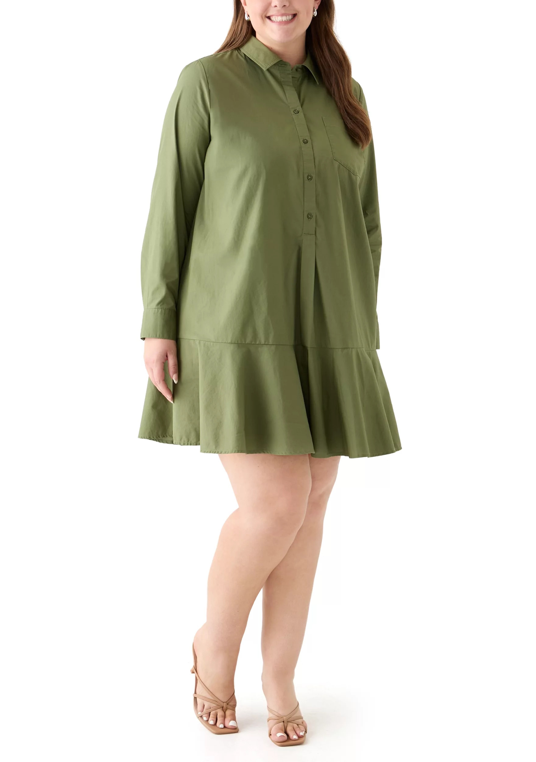Plus Size Long Sleeve Collared Flounce Shirt Dress | Belk