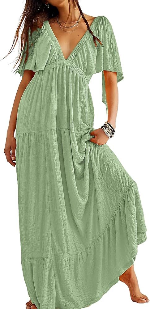 Summer Dresses for Women 2024 Sexy V-Neck Maxi Dress Tiered Silhouette with Flutter Sleeves Backl... | Amazon (US)