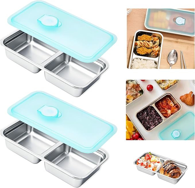 2PCS Grab and Go Stainless Steel Snack Containers with Lids,Reusable Double-Compartment Bento Lun... | Amazon (US)