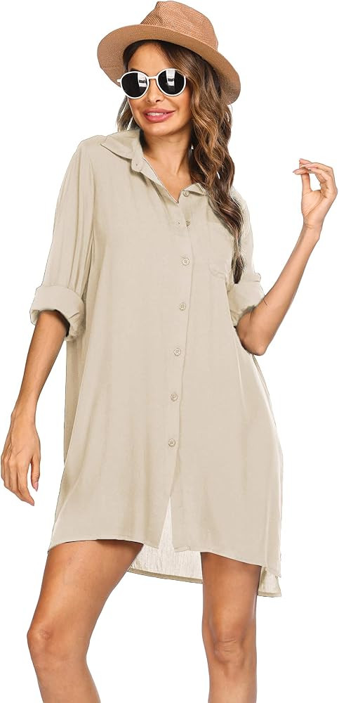 Sheshow Women's Beach Cover Up Long Sleeve Button Down Sleep Shirt Dress Swimsuit Covers | Amazon (US)
