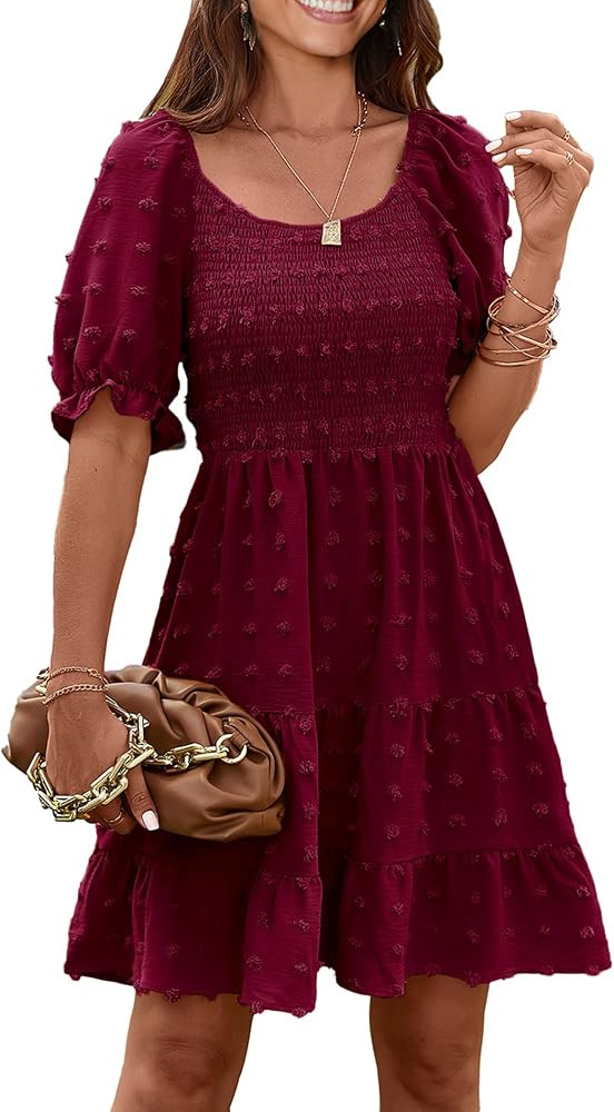 PRETTYGARDEN Women's Summer Dresses Casual Square Neck Short Puff Sleeve Swiss Dot Flowy A Line S... | Amazon (US)