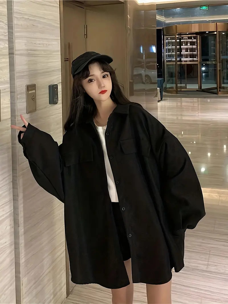 Solid Button Front Oversized Shirt Casual Long Sleeve Loose - Temu | Temu Affiliate Program