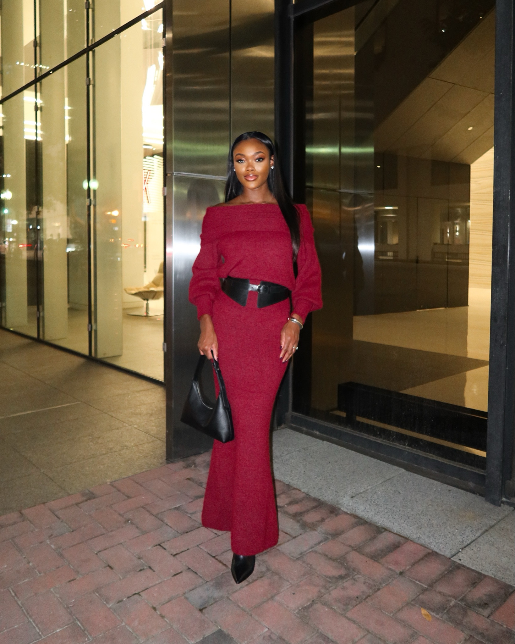 Burgundy outfit of the night! Loved this knit maxi skirt and off-the-shoulder long sleeve sweater (in the color merlot) for date night! For reference, I am wearing a size small. I styled it with black booties and a black shoulder bag. The boots fit true to size! 

#LTKGiftGuide #LTKHoliday #LTKSeasonal