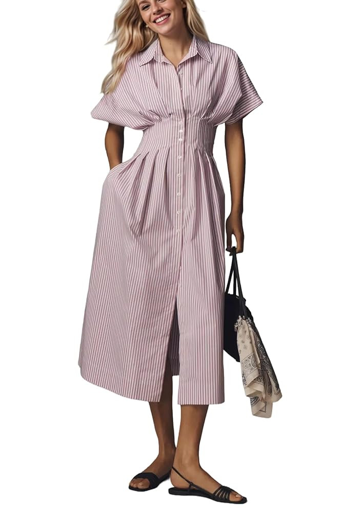Women Striped Button Down Pleated Shirt Dress Summer Short Sleeve Ruffle A Line Swing Long Blouse... | Amazon (US)
