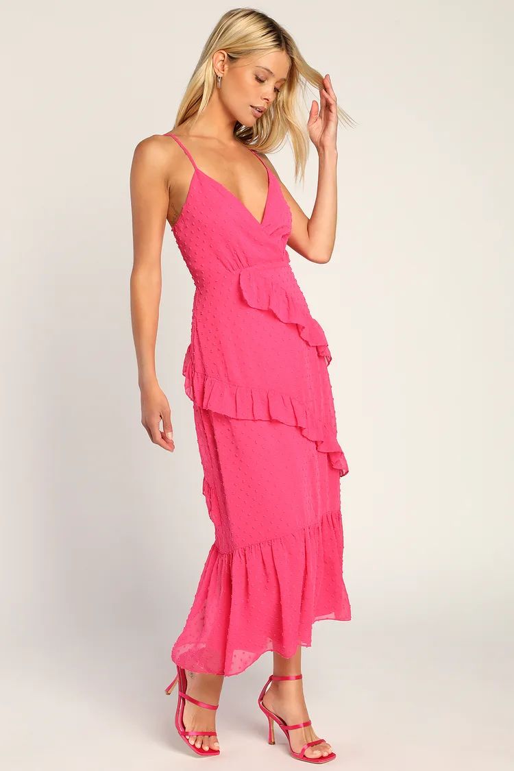 Cheers to Me Hot Pink Swiss Dot Tiered Ruffled Midi Dress | Lulus (US)