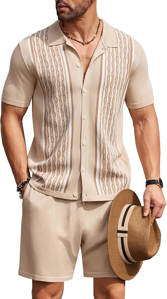 COOFANDY Men's 2 Piece Outfit Vintage Short Sleeve Button Down Knit Polo Shirts Casual Beach Shor... | Amazon (US)
