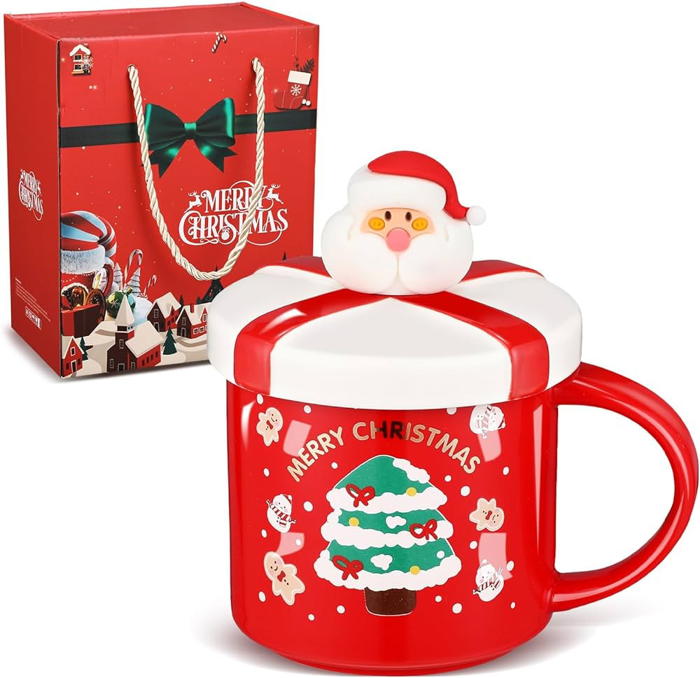 Suttmin Christmas Mugs with Lid and Spoon Porcelain Christmas Coffee Mugs Cute Ceramic Santa Tea ... | Amazon (US)
