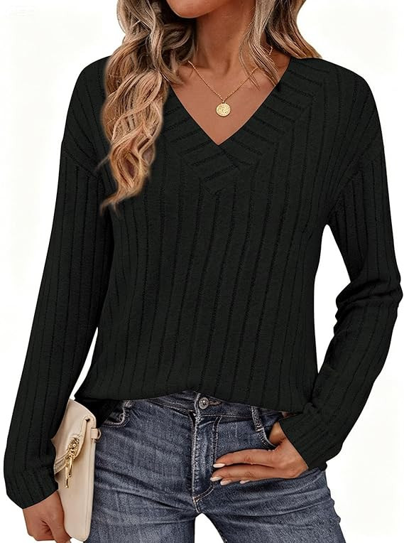 PRETTYGARDEN Fall Fashion 2025 Long Sleeve Shirts for Women Ribbed Knit V Neck Dressy Casual Ligh... | Amazon (US)