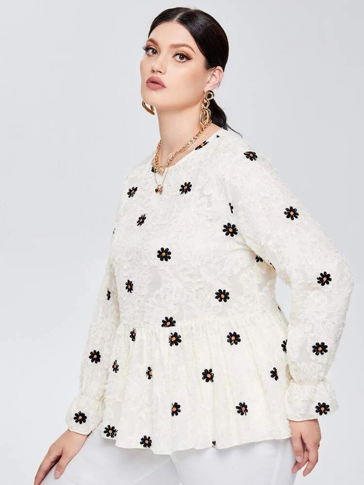 Plus Floral Print Flounce Sleeve Peplum Fuzzy Blouse | SHEIN