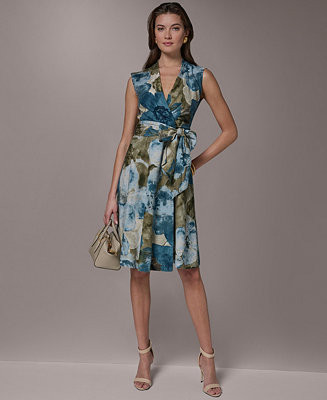 Women's Sleeveless Floral Faux Wrap A-Line Dress | Macy's