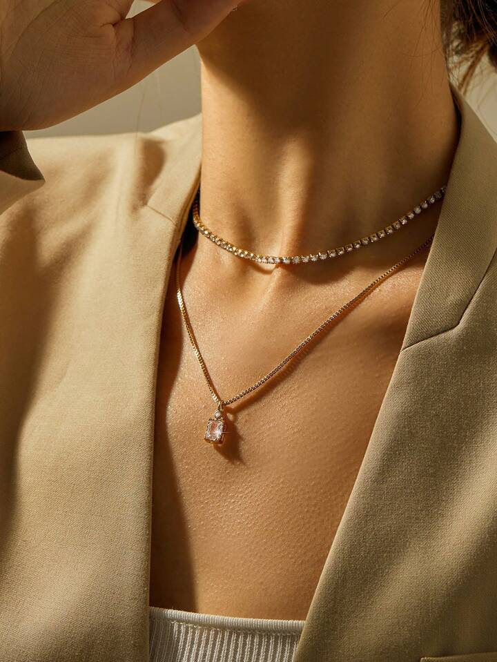 2pcs/set Cubic Zirconia Decor Necklace | SHEIN